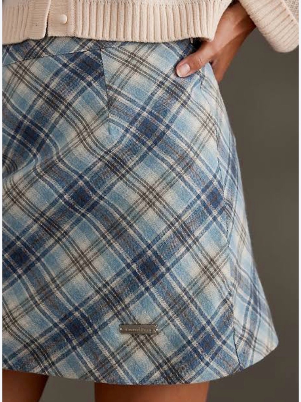 House of Sunny Anthropologie Bias Cut Heritage Plaid Blue Mini Skirt Size 14